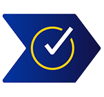 A blue arrow icon pointing right containing a yellow circle with a checkmark.