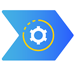A blue arrow icon pointing right containing a white gear symbol surrounded by a yellow dashed circle.