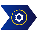 A blue arrow icon pointing right containing a white gear symbol surrounded by a yellow dashed circle.