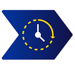 A blue arrow icon pointing right containing a yellow circular clock with a dashed border.