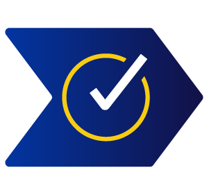 A blue arrow icon pointing right containing a yellow circle with a checkmark.