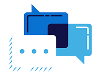 An illustration of overlapping blue and white speech bubbles representing conversation or messaging.