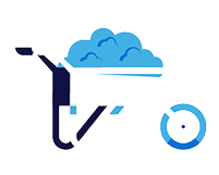A blue and white illustration of a wheelbarrow filled with a blue pile, representing work, cleanup, or construction.