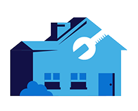 A blue and white illustration of a house with a wrench symbol, representing home repair, maintenance, or renovation.