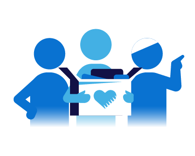 A blue and white illustration of three stylized figures working together to carry a donation box featuring a heart symbol.